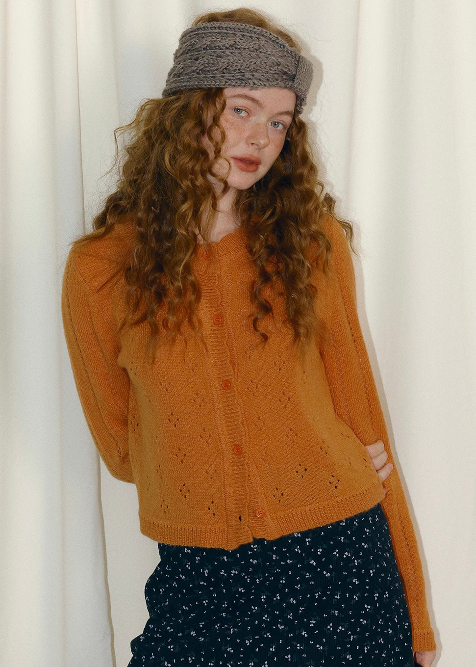 Vintage Pointelle Button-Up Knit Cardigan(2COLOR)
