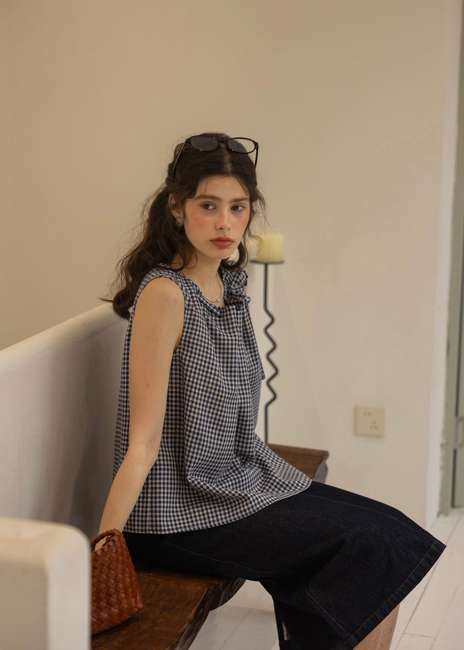Blue Gingham Ribbon Tie Sleeveless A-Line Top