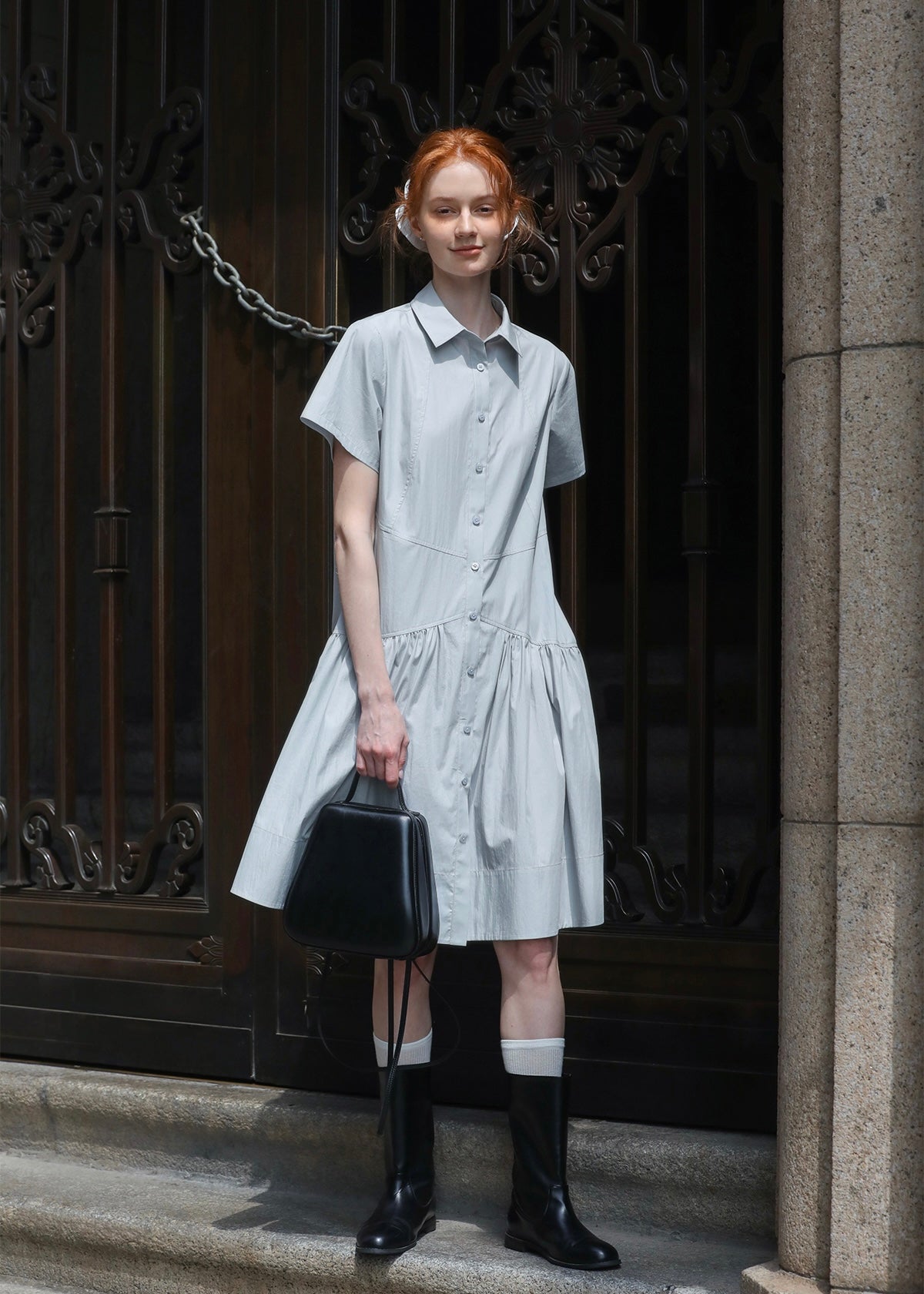 Morning Sketch Button-Up Flared Shirt Dress