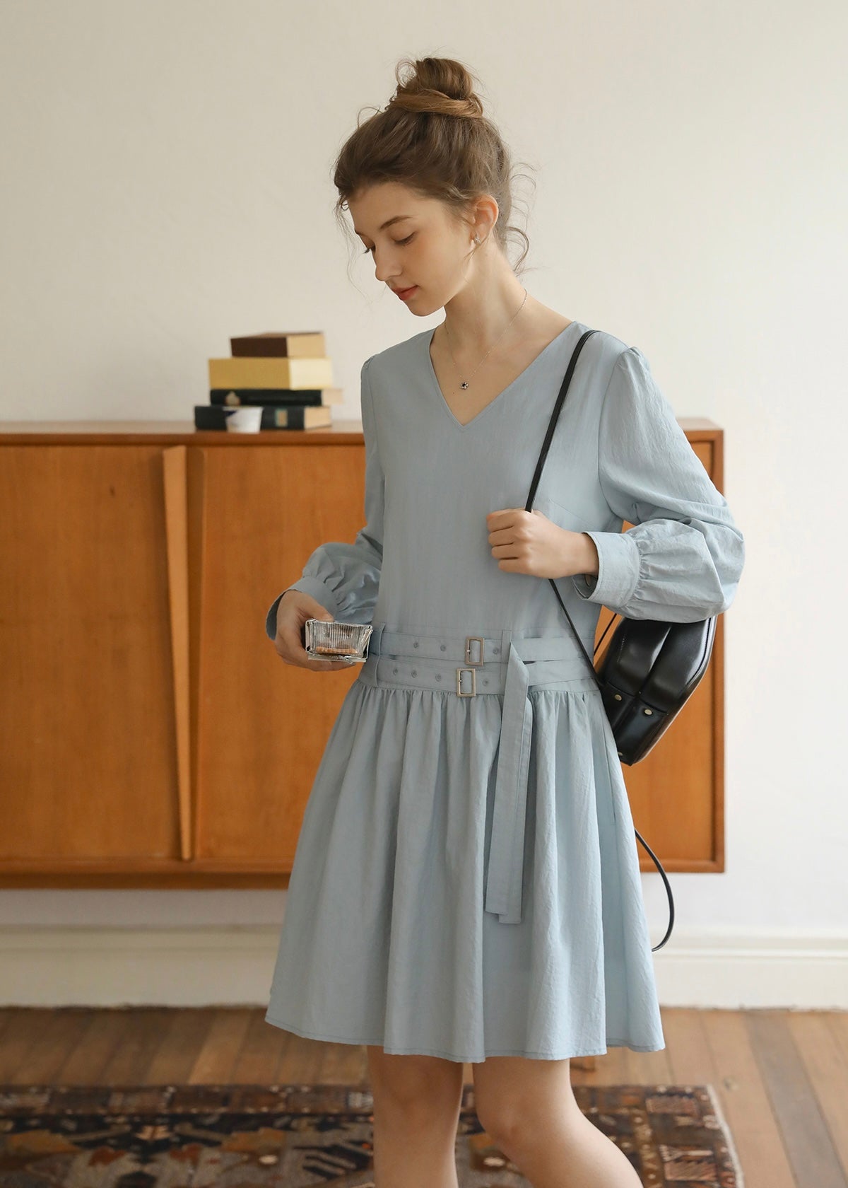 Soft Mist Belted Vintage Pastel Blue Dress