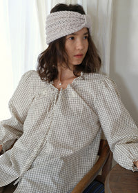 Vintage Gingham Embroidered Puff Sleeve Tie Front Blouse
