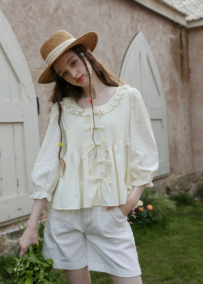 Light Yellow Ribbon Pin-tuck Romantic Vintage Blouse