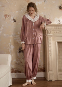 Vintage Pink Lace Collar Long Sleeve Women's Pajama Set