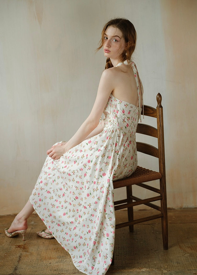 Summer Poem Rose Print Halter Backless Dress