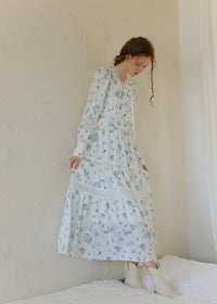 Blue Garden Vintage Floral Long Sleeve Dress