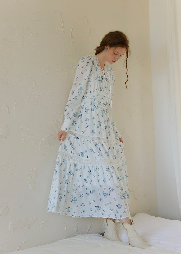 Blue Garden Vintage Floral Long Sleeve Dress