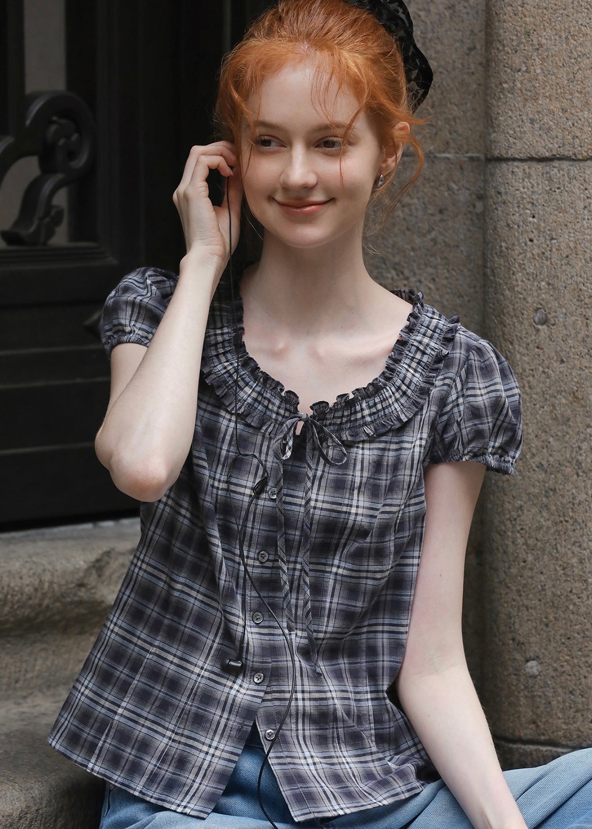 Vienna Plaid Ruffle Blouse | Vintage Puff Sleeve Check Top