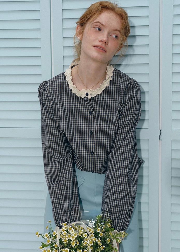 Sunday Check Lace Collar Vintage Blouse