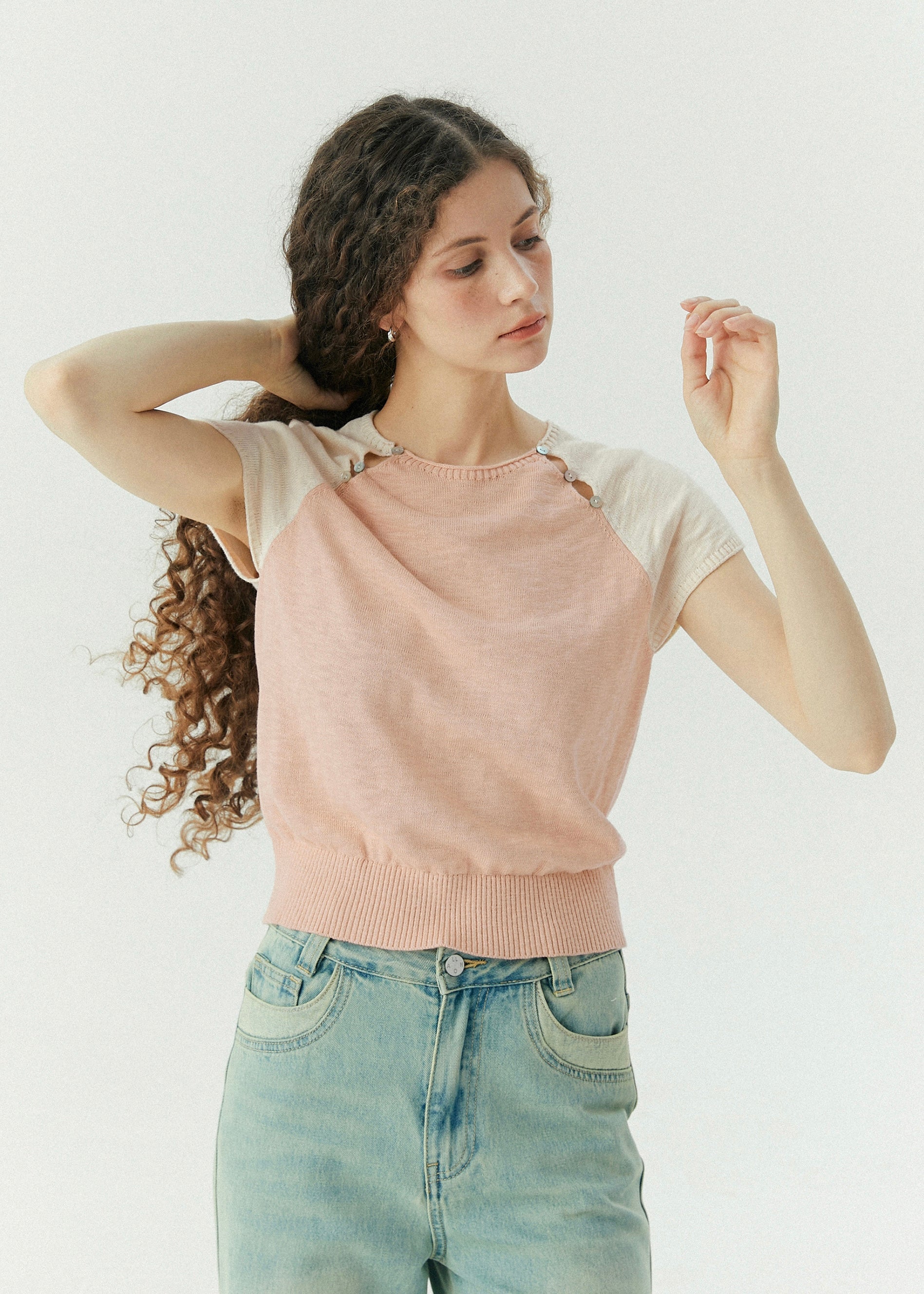 Blush Calm Shell Button Color Block Knit Top