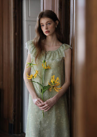 Sage Ruffle Lace Trim Sleeveless Long Dress