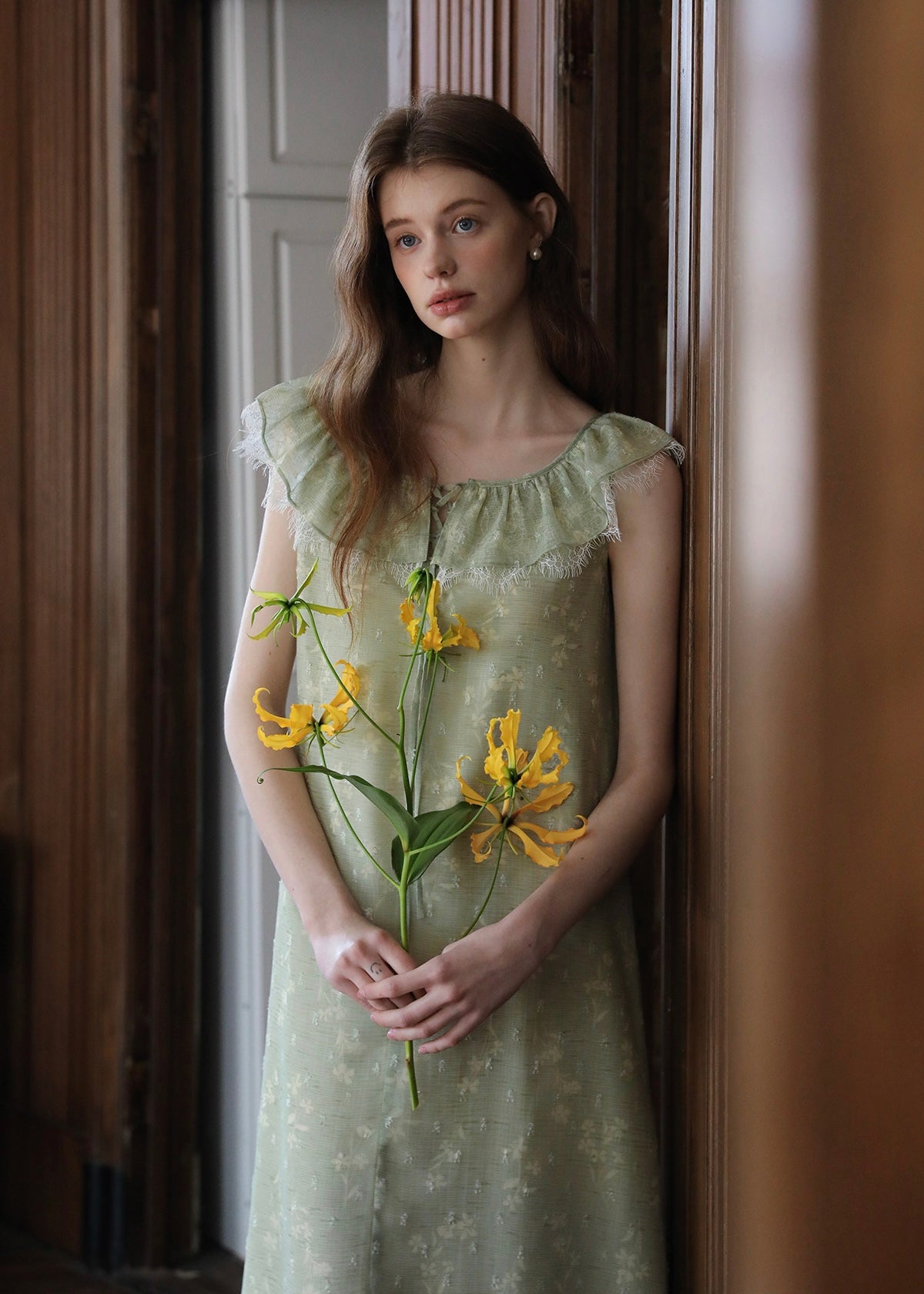 Sage Ruffle Lace Trim Sleeveless Long Dress