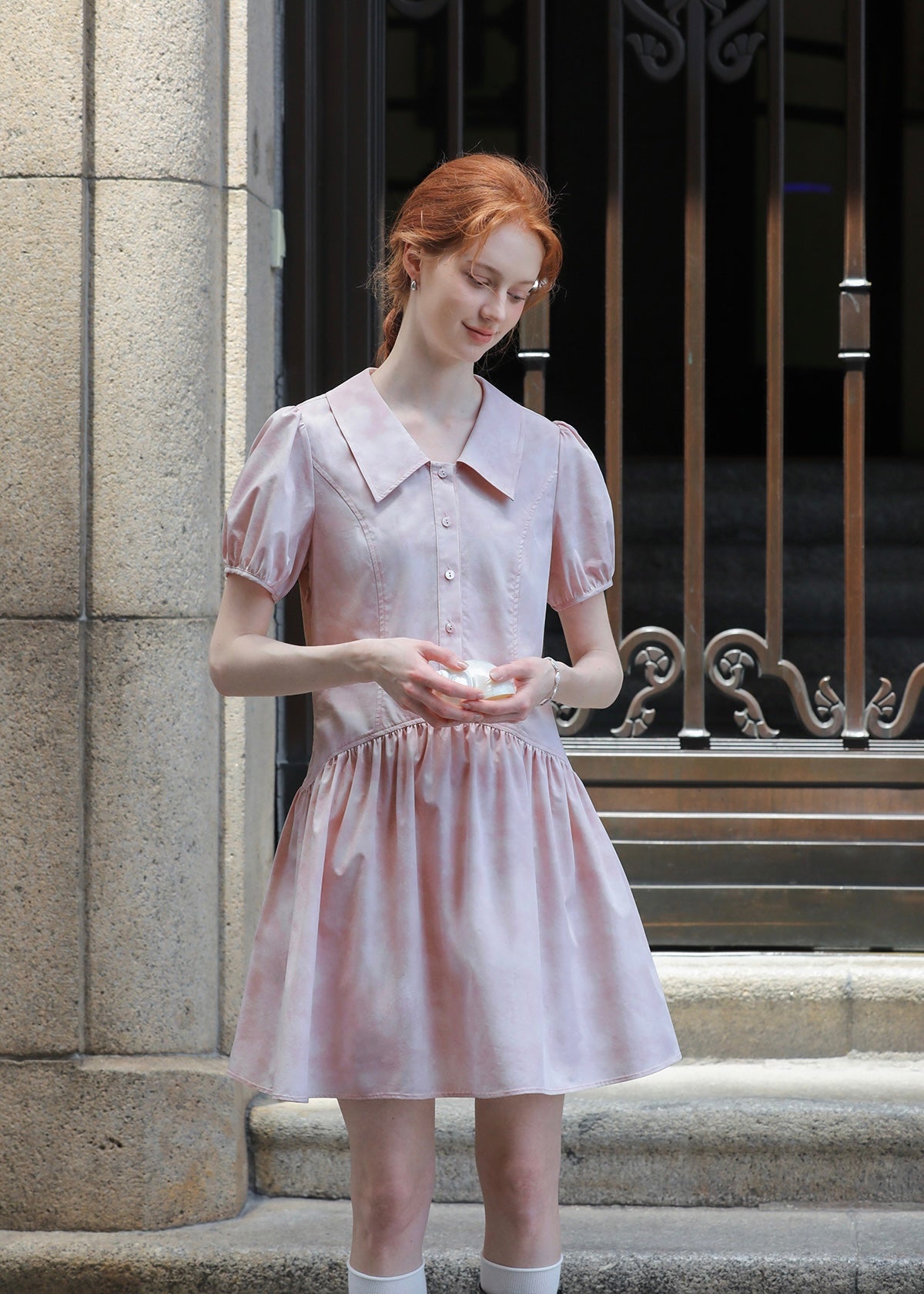 Rosecloud Button Soft Pink Puff Sleeve Mini Dress