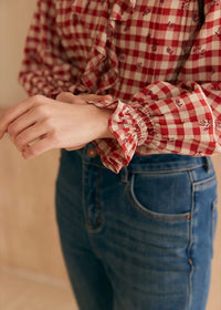 Rosie Ruffle Blouse | Vintage Red Gingham Floral Embroidered Top