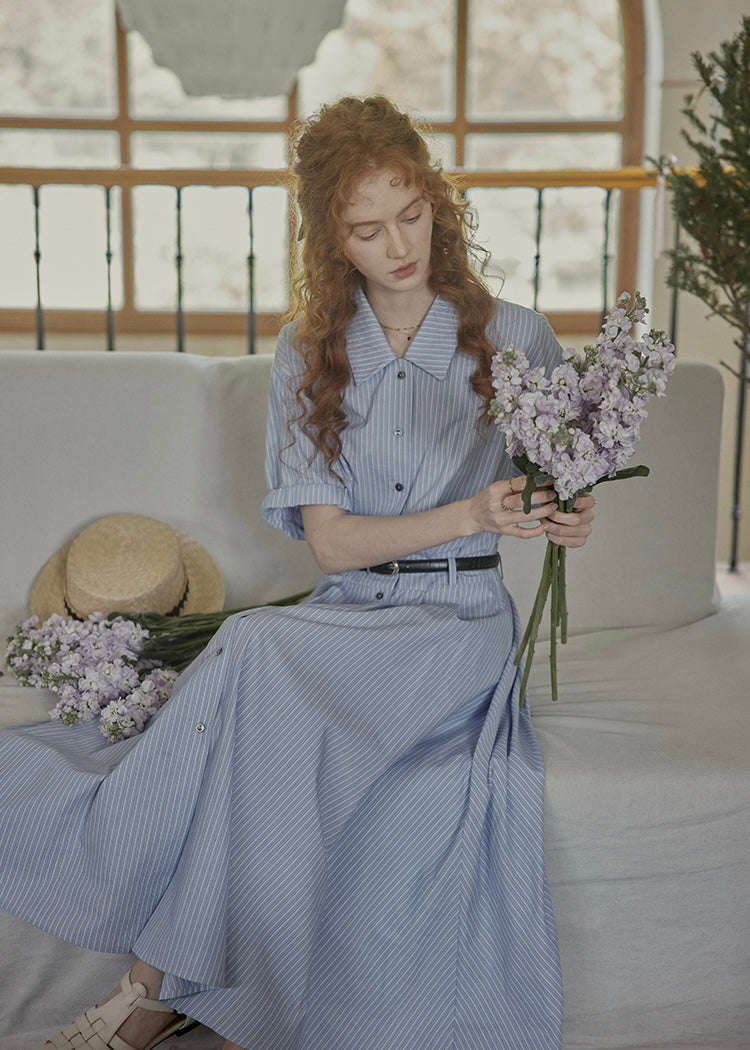Morning Letter Stripe Dress | Classic Blue Shirt Dress