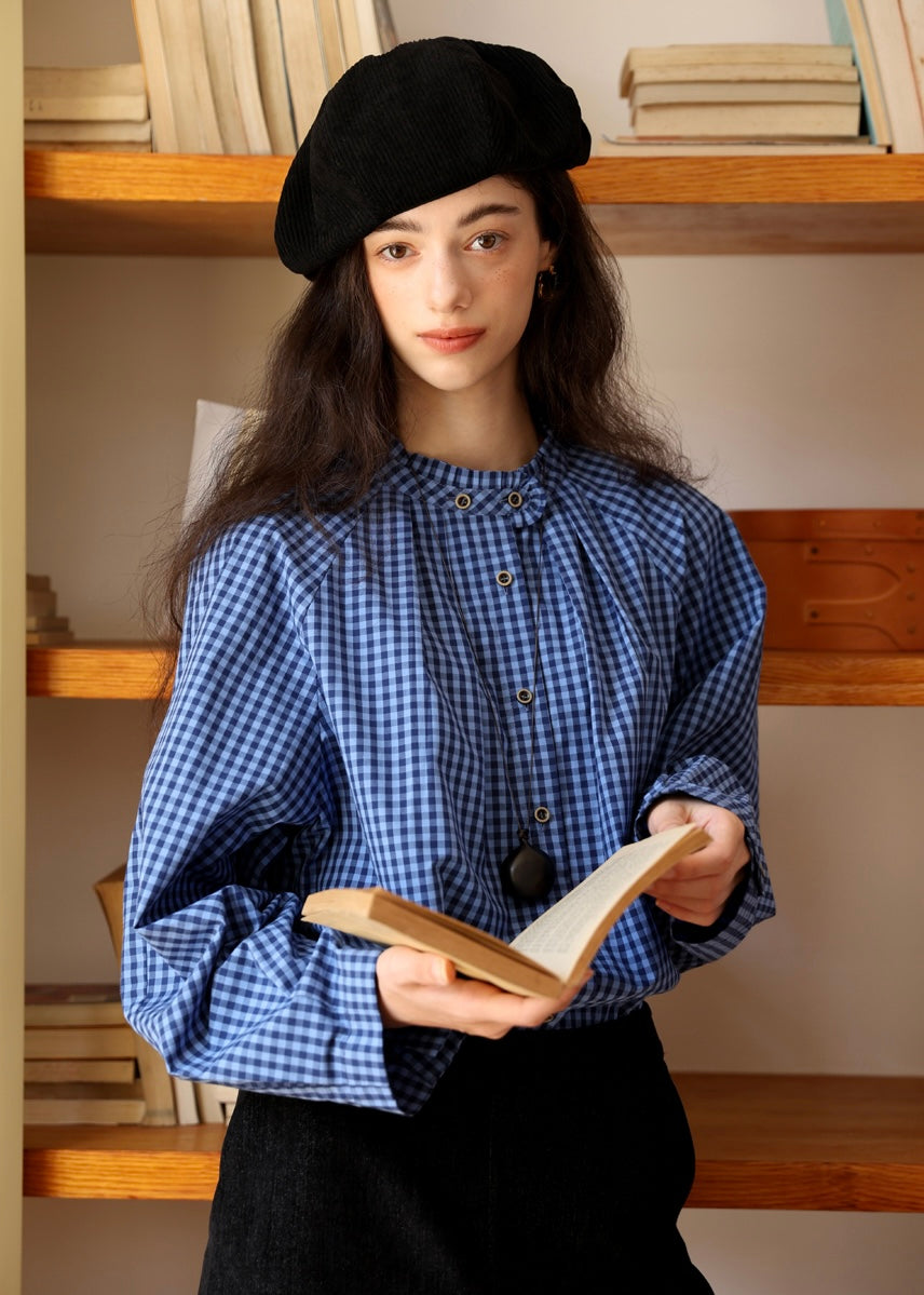 Vintage Blue Check Gathered Shirt