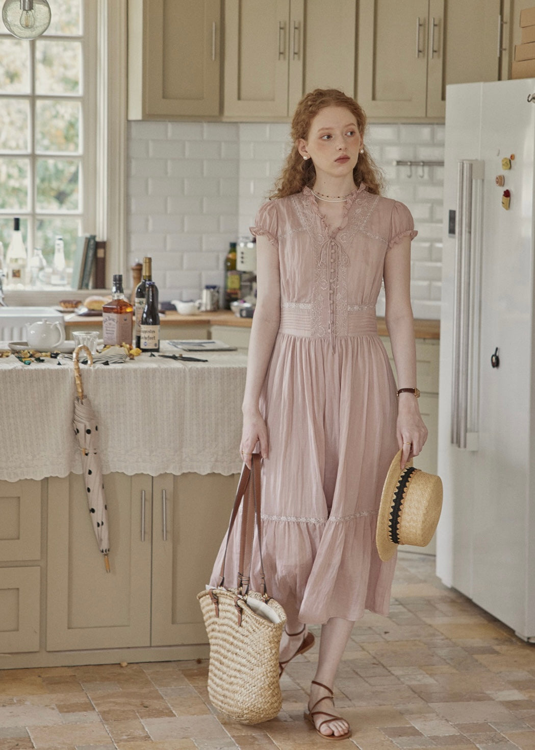Blush Pink Lace Vintage Short Sleeve Summer Dress