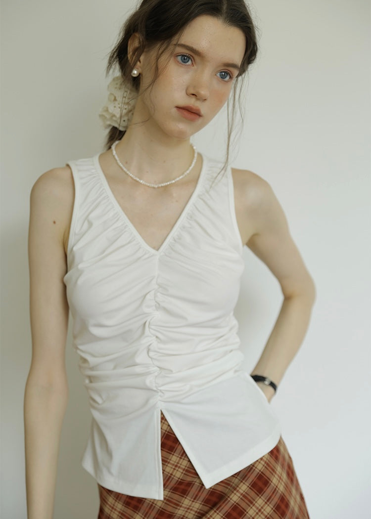 Muse Ruched Slit Tank Top | Vintage-Inspired Sleeveless Summer Top(2COLOR)