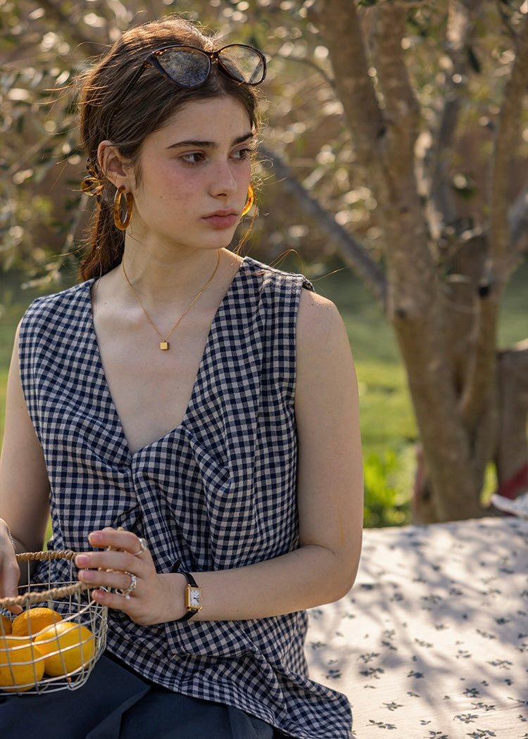 Lemon Noon Check Vest Top | Linen Cotton Sleeveless V-Neck Shirt(2COLOR)