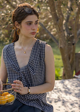 Lemon Noon Check Vest Top | Linen Cotton Sleeveless V-Neck Shirt(2COLOR)