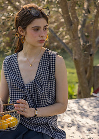 Lemon Noon Check Vest Top | Linen Cotton Sleeveless V-Neck Shirt(2COLOR)