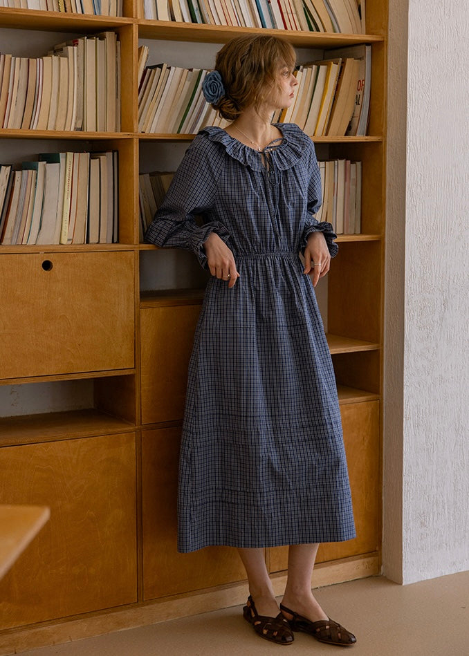 Evening Poem Ruffled White Lace & Navy Check Dress(2COROL)