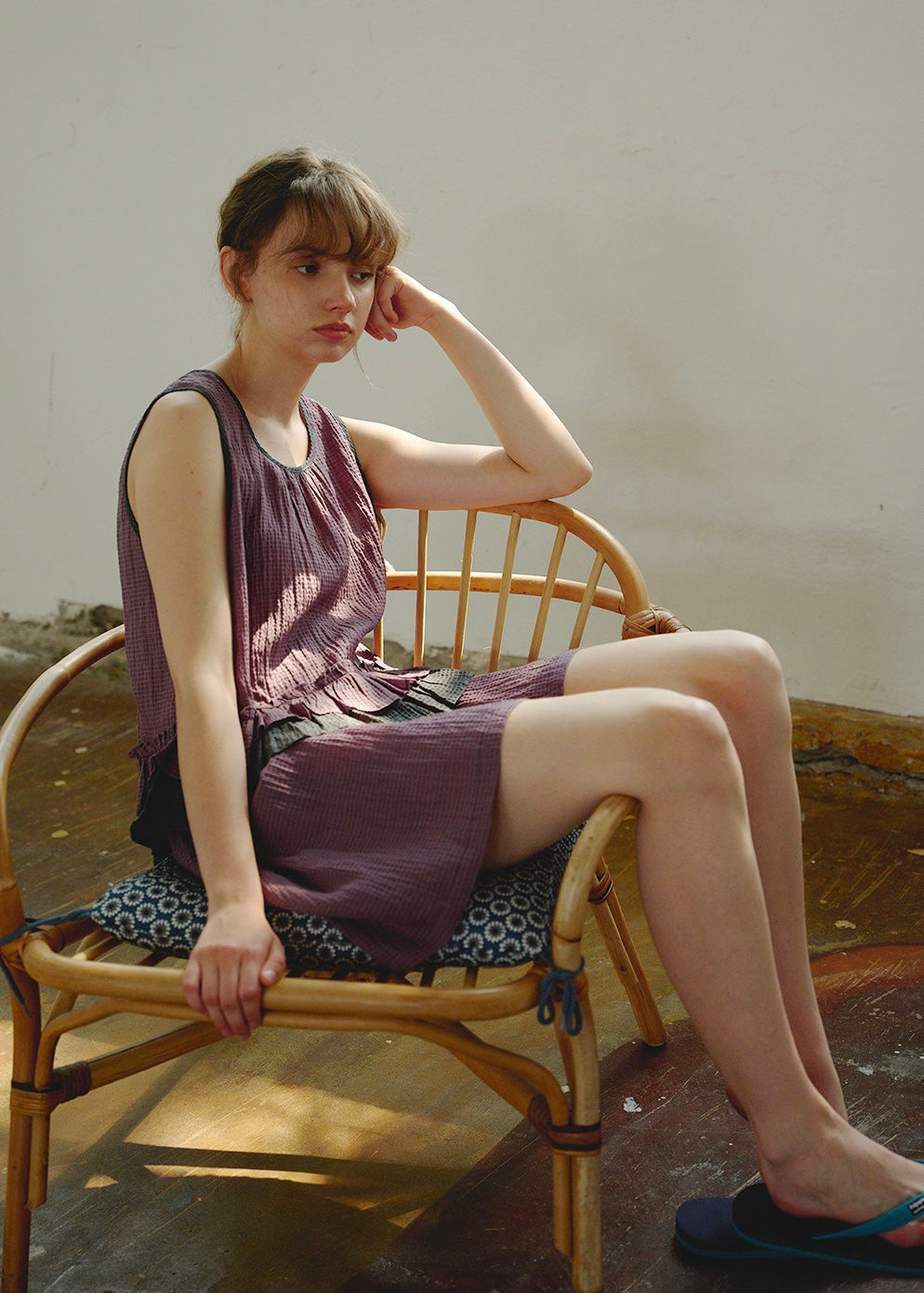 Plum Check Frill Linen Loungewear Sleeveless Top Shorts Pajama Set