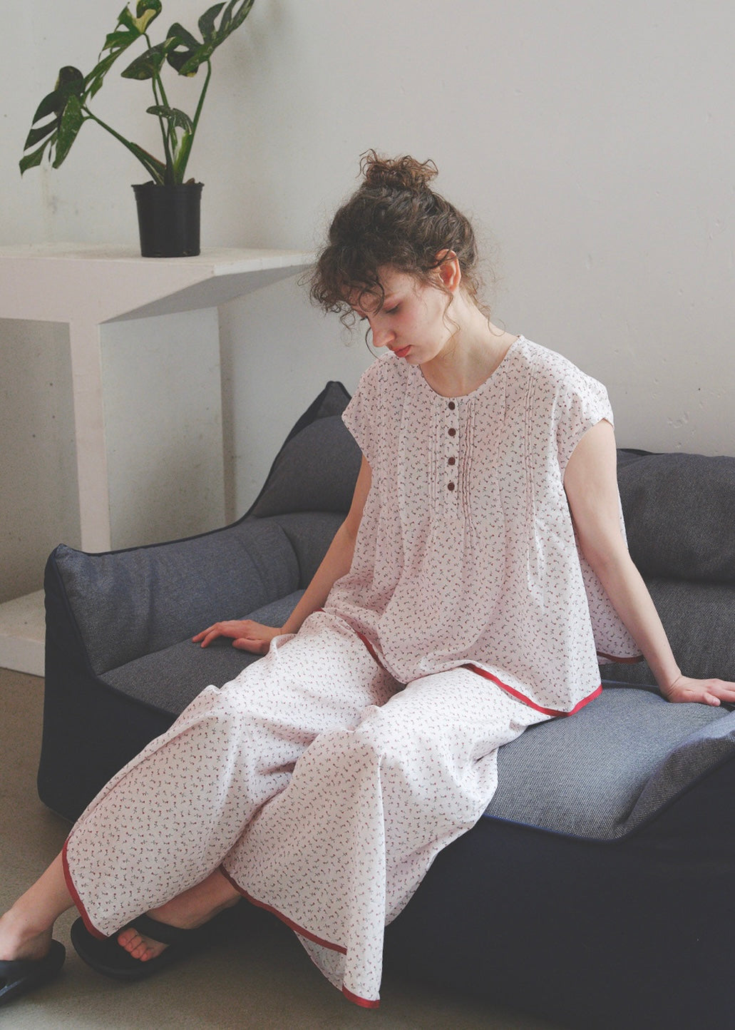 Soft Rouge Cotton Pajama Set Floral Loose Cape Top Long Lounge Set