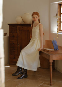 Warm Ivory Textured Sleeveless A-Line Dress