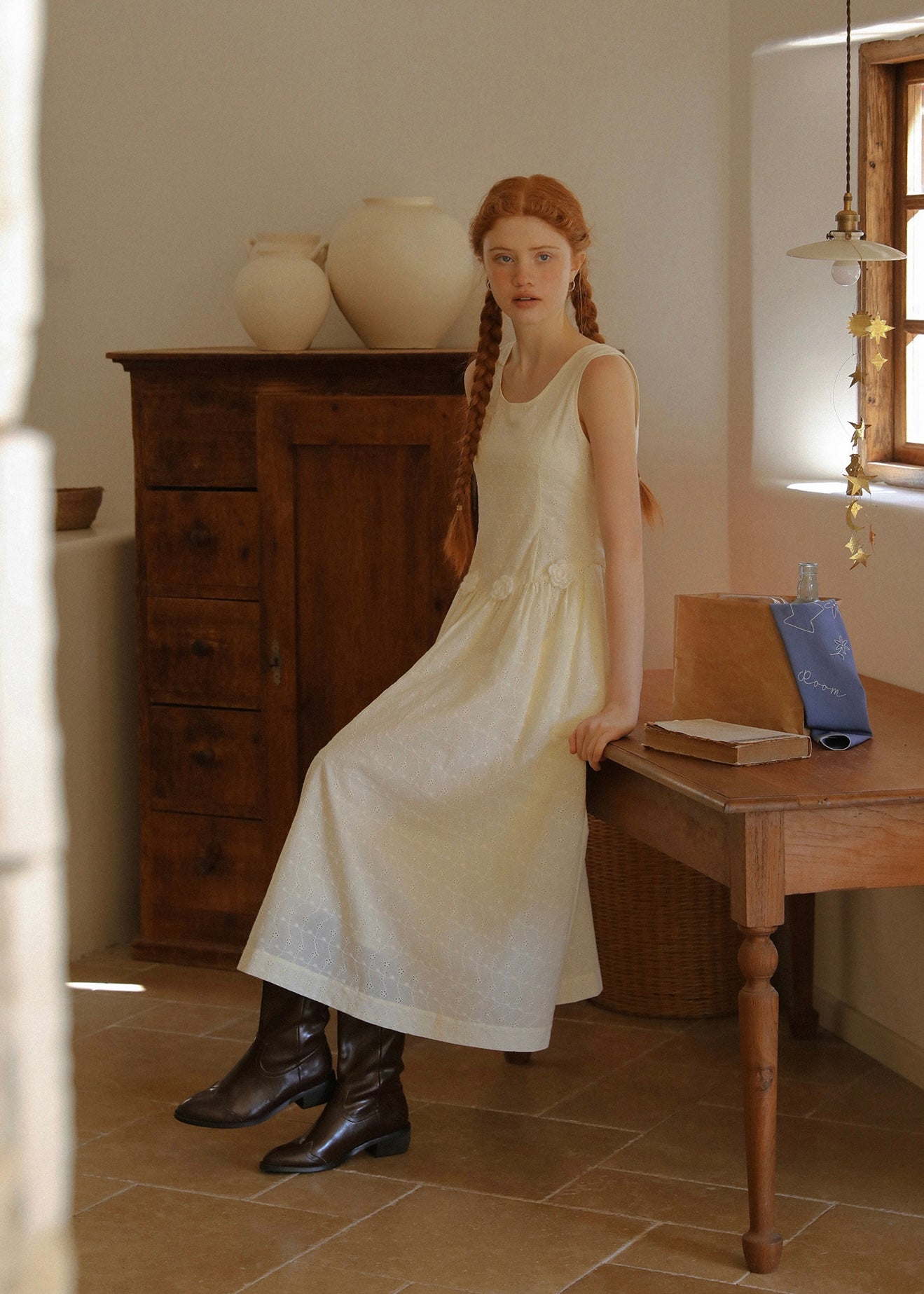 Warm Ivory Textured Sleeveless A-Line Dress