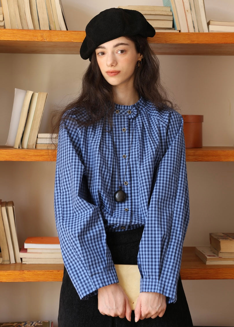 Vintage Blue Check Gathered Shirt