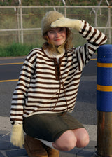 Brown Striped Tie-Front Knit Sweater