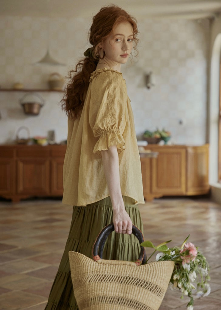 Amber Ruffle Bloom Blouse | Vintage Yellow Embroidered Top