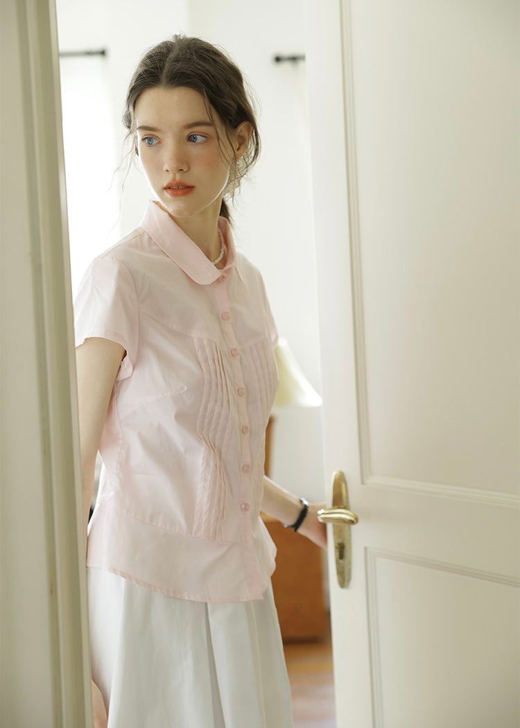 April Tuck Blouse | Vintage Pink Short Sleeve Shirt with Pintuck Detail