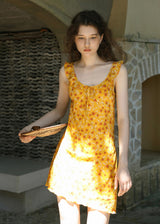 Golden Meadow Floral Ribbon Mini Dress