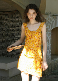 Golden Meadow Floral Ribbon Mini Dress