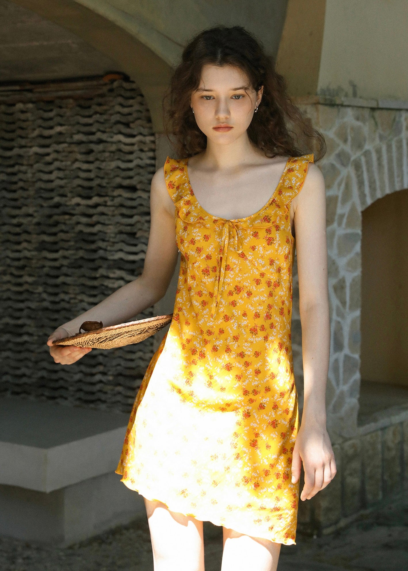 Golden Meadow Floral Ribbon Mini Dress