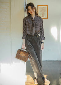 Vintage Plaid Scarf Tie V-Neck Blouse