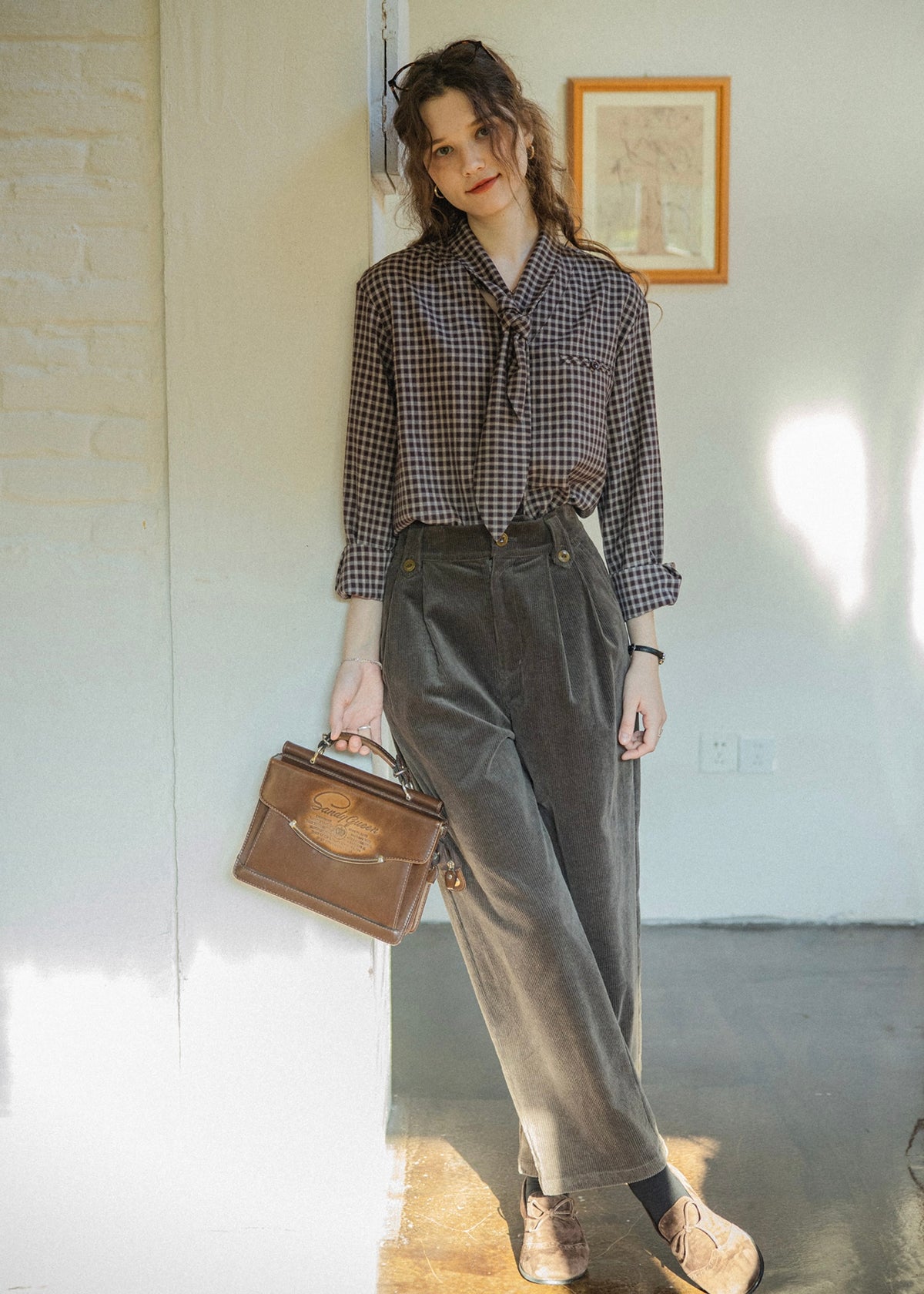 Vintage Plaid Scarf Tie V-Neck Blouse