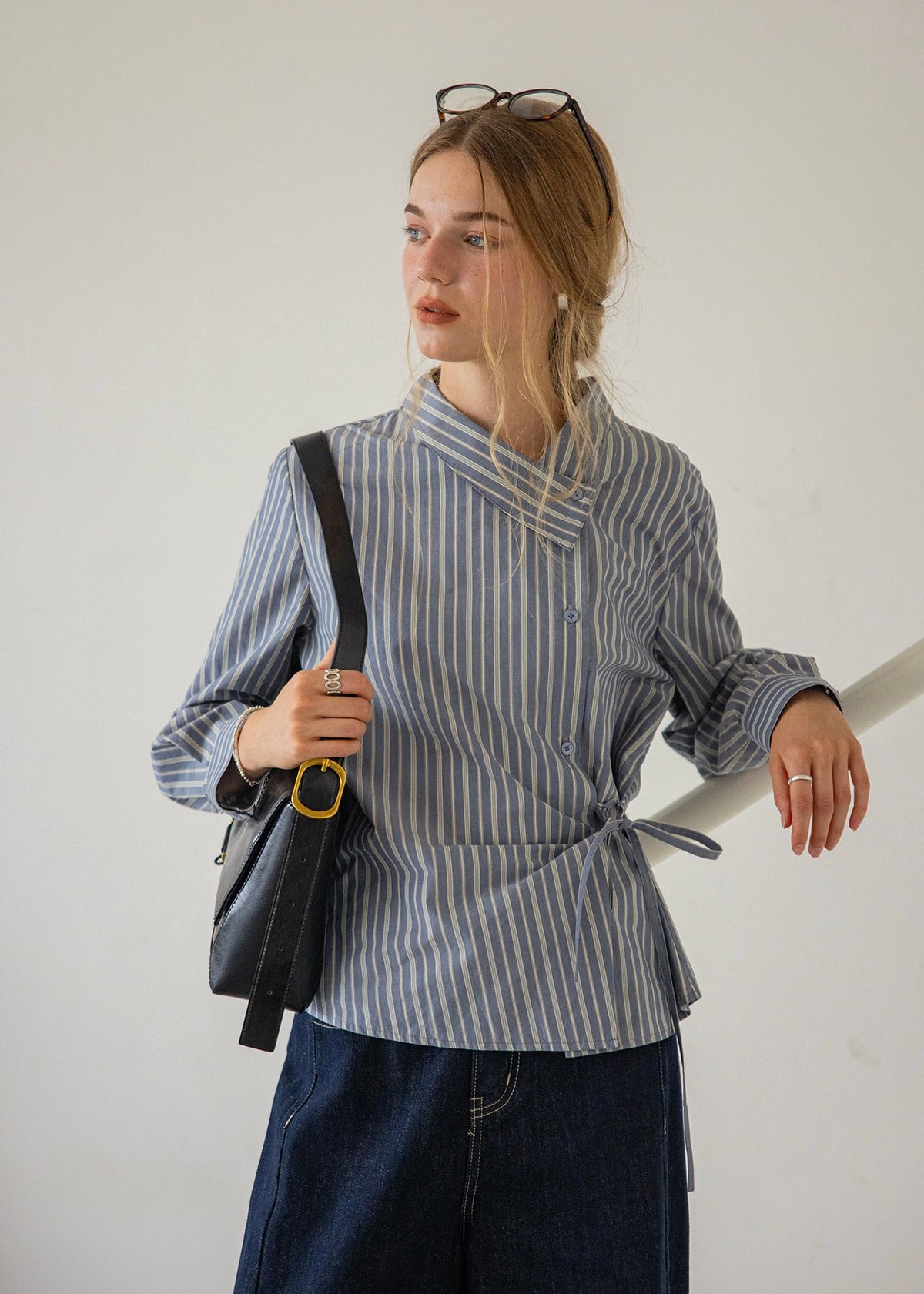 Maren Mist Blue Striped Wrap Shirt