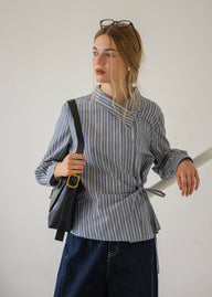 Maren Mist Blue Striped Wrap Shirt