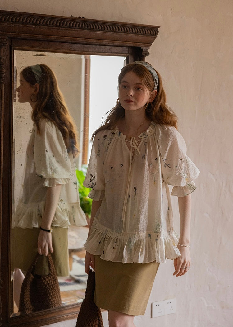 Muse Garden Blouse | Vintage Sheer Embroidered Ruffle Shirt