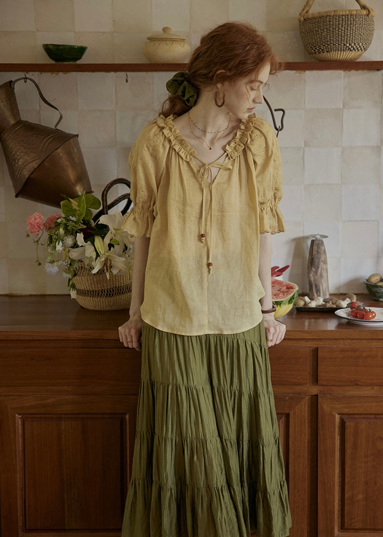 Amber Ruffle Bloom Blouse | Vintage Yellow Embroidered Top