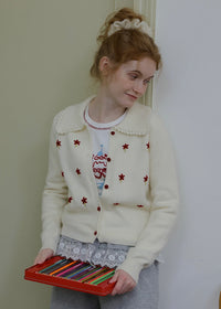 Vintage Floral Embroidered Collared Knit Cardigan