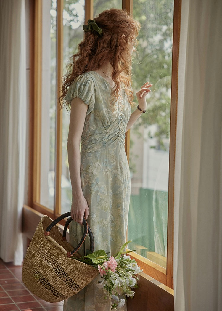 Verde Bloom Long Dress | Vintage Mint Floral Ruched Dress