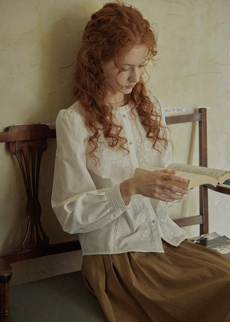 White Embroidered Vintage Long Sleeve Blouse