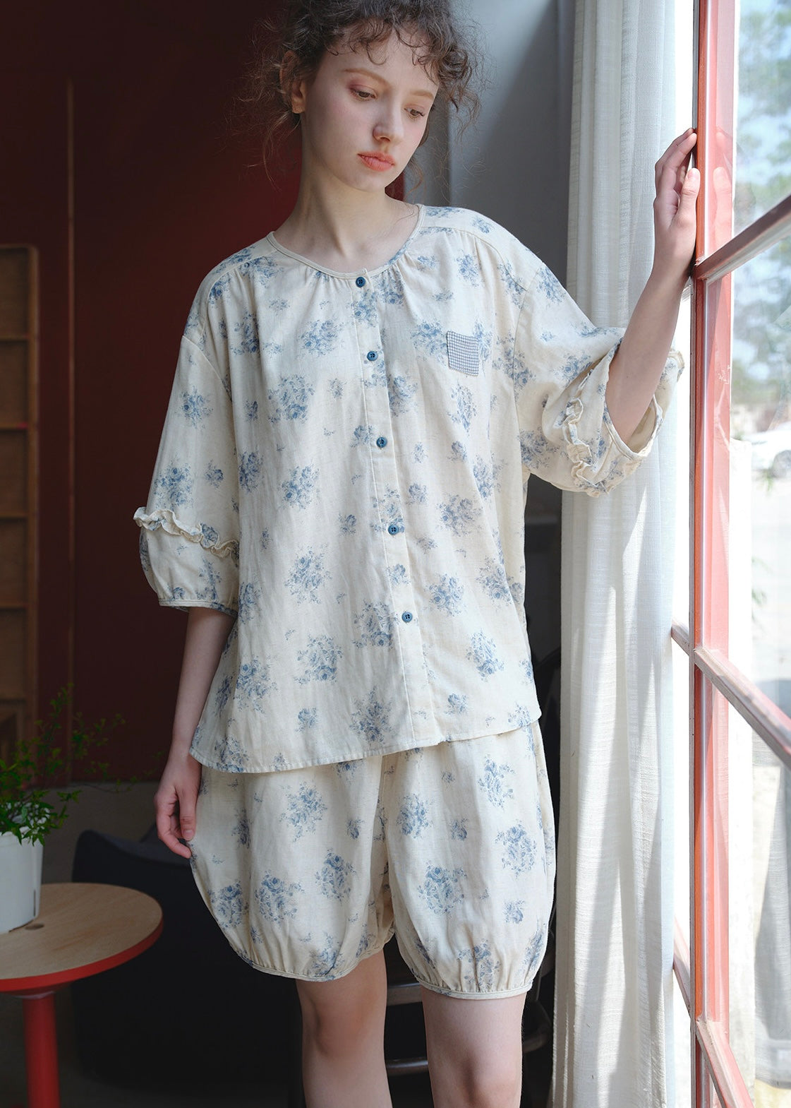 Blue Breeze Cotton Gauze Pajama Set Floral Loose Fit Summer Homewear