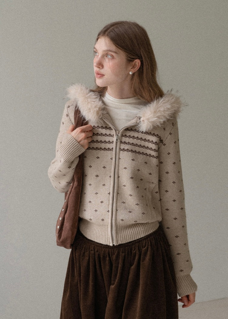 Soft Trail Fur-Hood Knit Zip Cardigan Jacket
