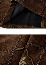 Brown Embroidered Suede A-Line Mini Skirt