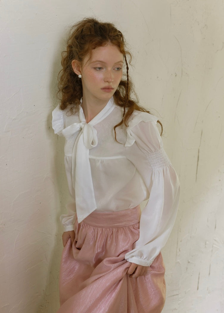 Romantic Vintage Bow Tie White Puff Sleeve Blouse