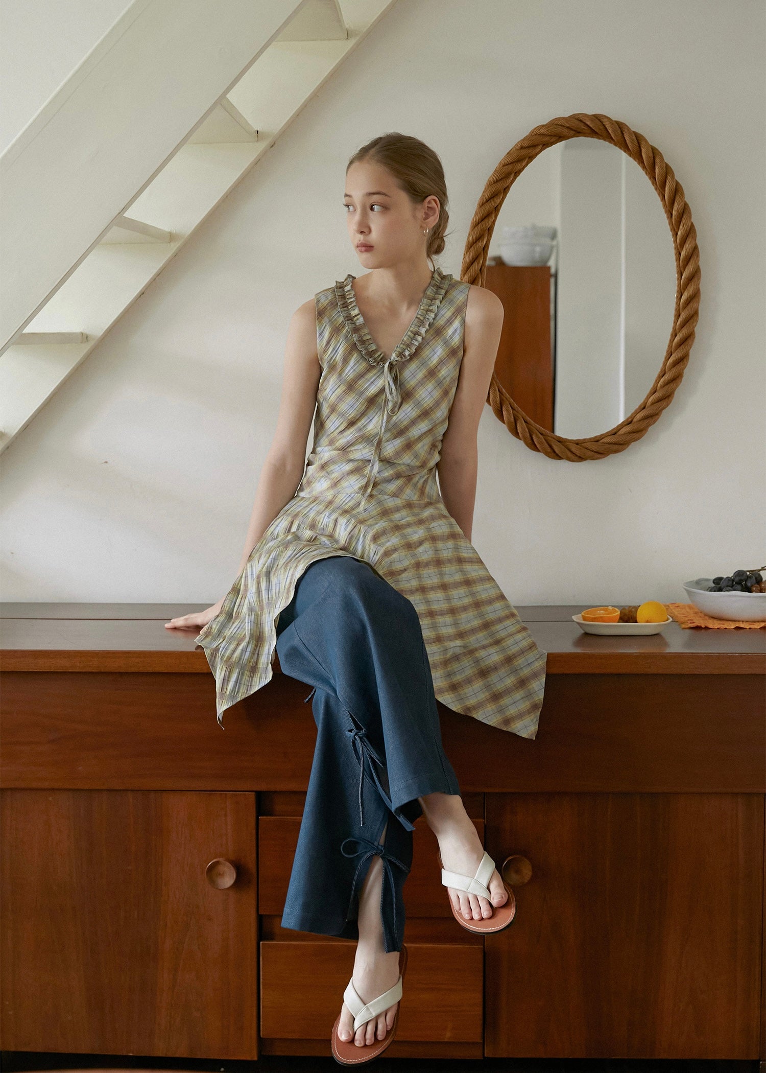 Lemon Past Days Check Ruffle Sleeveless Vintage Plaid Dress